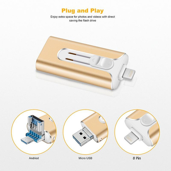 128GB Micro USB + 8 Pin + USB 2.0 3 in 1 Mobile Phone Computer U-Disk(Gold)