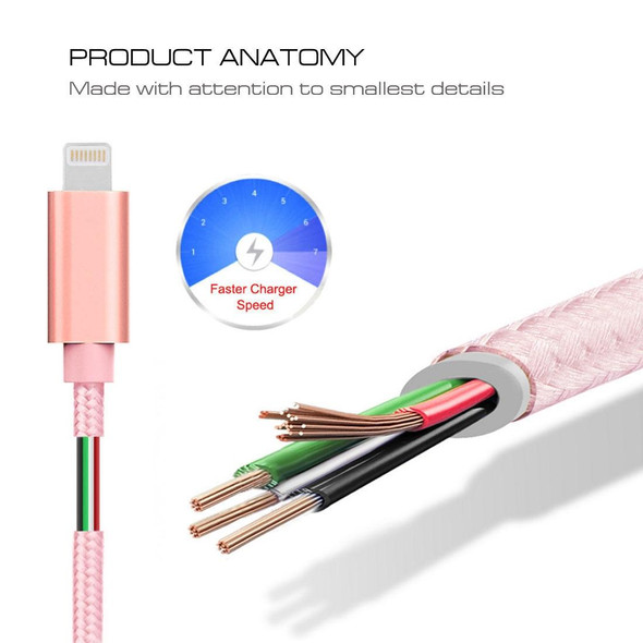 1m 3A Woven Style Metal Head 8 Pin to USB Data / Charger Cable,  - iPhone XR / iPhone XS MAX / iPhone X & XS / iPhone 8 & 8 Plus / iPhone 7 & 7 Plus / iPhone 6 & 6s & 6 Plus & 6s Plus / iPad(Rose Gold)