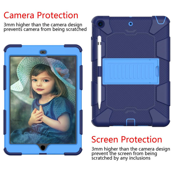 iPad 10.2 Shockproof Two-Color Silicone Protection Case with Holder & Pen Slot(Dark Blue+Blue)