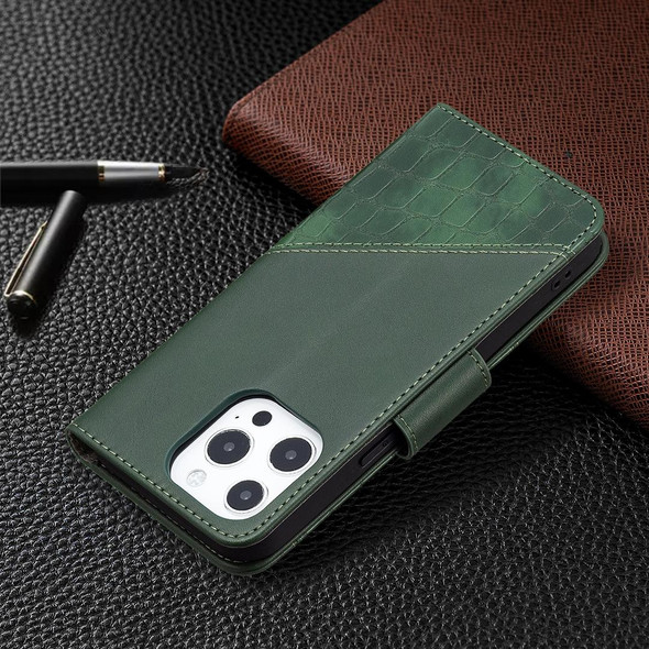 iPhone 13 Pro Max Matching Color Crocodile Texture Horizontal Flip PU Leather Case with Wallet & Holder & Card Slots(Green)