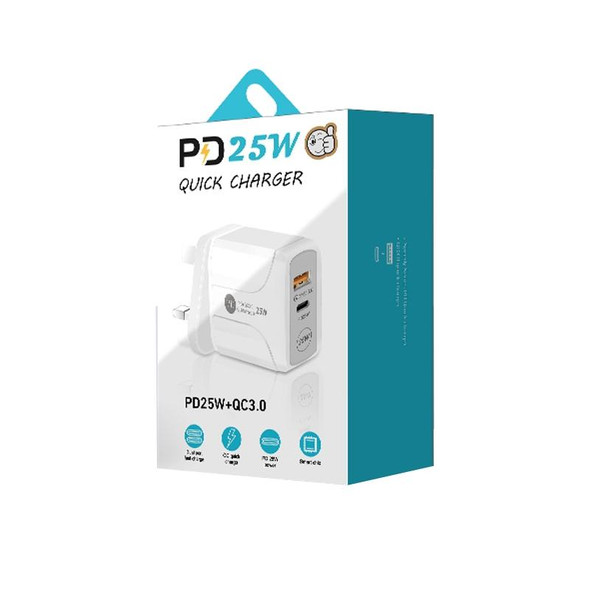 PD25W USB-C / Type-C + QC3.0 USB Dual Ports Fast Charger, UK Plug(White)