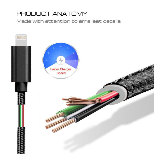 3A Woven Style Metal Head 8 Pin to USB Charge Data Cable, Cable Length: 2m(Black)