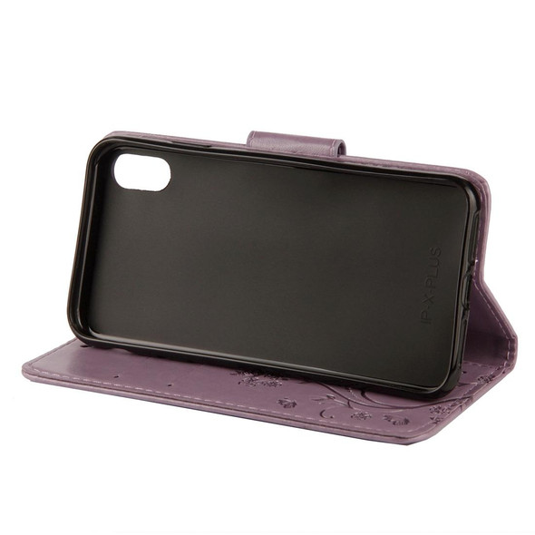 Embossed Butterfly Pattern Horizontal Flip Leatherette Case with Card Slot & Holder & Wallet & Lanyard - iPhone XR (Purple)