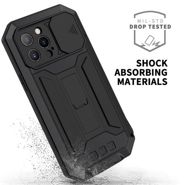 R-JUST Sliding Camera Shockproof Waterproof Dust-proof Metal + Silicone Protective Case with Holder - iPhone 13 Pro(Black)