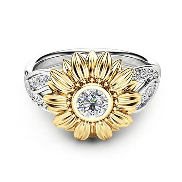 Fashion Female Cute Sunflower Crystal Rings for Women, Ring Size:10(White )