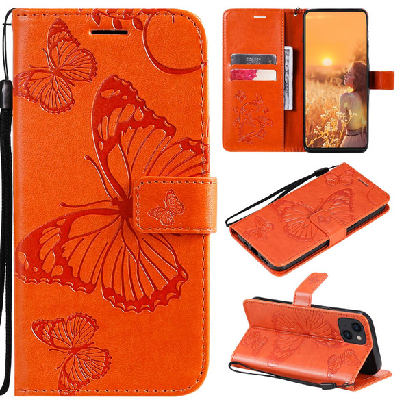 3D Butterfly Embossed Pattern Horizontal Flip Leatherette Case with Holder & Card Slot & Wallet & Lanyard - iPhone 13(Orange)