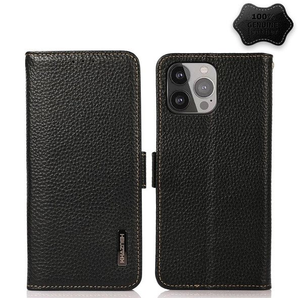 KHAZNEH Side-Magnetic Litchi Genuine Leather RFID Case - iPhone 13 Pro Max(Black)