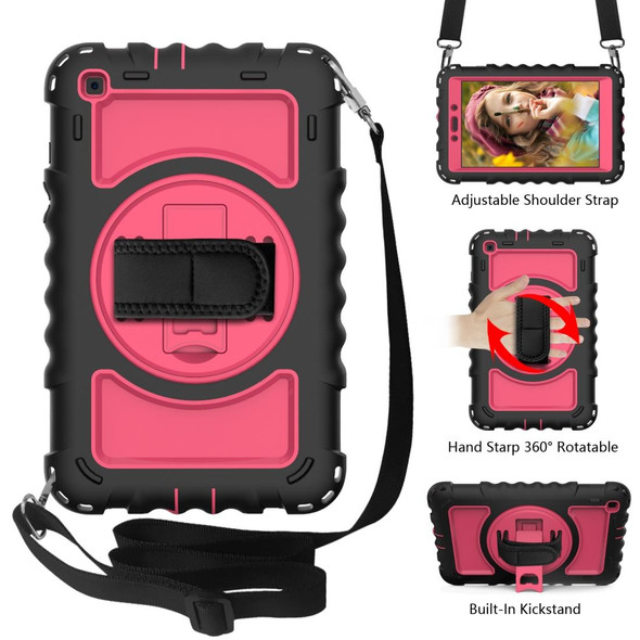 Samsung Galaxy Tab A 8.0 2019 T290 / T295 360 Degree Rotation PC + Silicone Shockproof Combination Case with Holder & Hand Grip Strap & Neck Strap(Black+Hot Pink)(Black+Hot Pink)