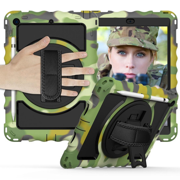 iPad 10.2 360 Degree Rotating Case with Pencil Holder, Kickstand Shockproof Heavy Duty with Shoulder Strap,Hand Strap(Camouflage)