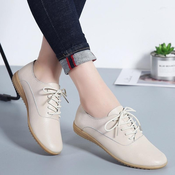 Flat Bottom Lightweight Fashion Casual Lace-up Leatherette Shoes for Woman (Color:Beige Size:38)