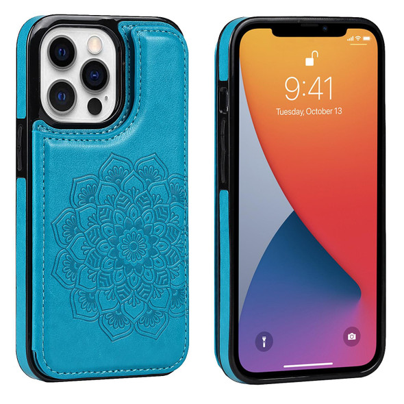 Double Buckle Mandala Pattern PU+TPU Protective Case with Card Slots & Holder & Photo Frame - iPhone 13 Pro Max(Blue)