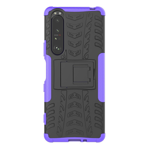 Sony Xperia 1 III Tire Texture Shockproof TPU+PC Protective Case with Holder(Purple)