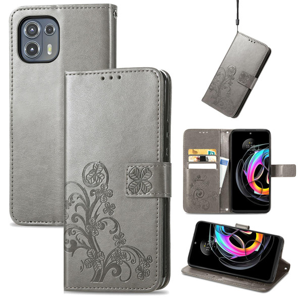 Motorola Edge 20 Lite Four-leaf Clasp Embossed Buckle Mobile Phone Protection Leather Case with Lanyard & Card Slot & Wallet & Bracket Function(Grey)