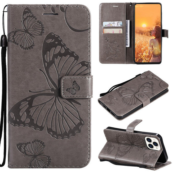 3D Butterfly Embossed Pattern Horizontal Flip Leatherette Case with Holder & Card Slot & Wallet & Lanyard - iPhone 13 Pro Max(Grey)