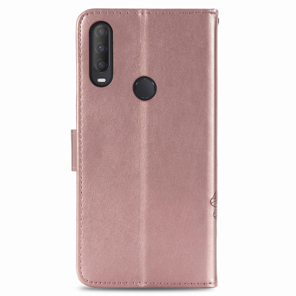 Alcatel 1S (2020) Four-leaf Clasp Embossed Buckle Mobile Phone Protection Leatherette Case with Lanyard & Card Slot & Wallet & Holder Function(Rose Gold)