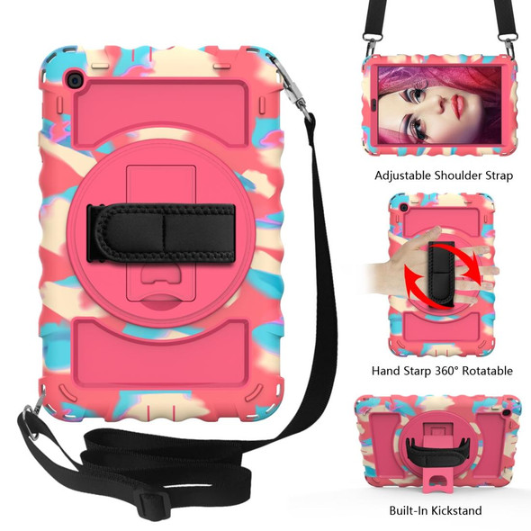 Samsung Galaxy Tab A 10.1 2019 (T510 / T515) 360 Degree Rotation PC + Silicone Shockproof Combination Case with Holder & Hand Grip Strap & Neck Strap(Colorful+Hot Pink)