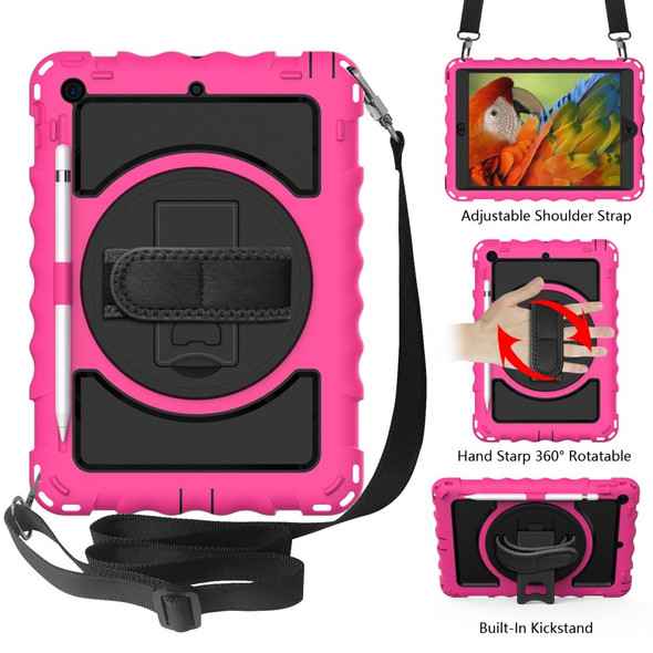 iPad 10.2 360 Degree Rotating Case with Pencil Holder, Kickstand Shockproof Heavy Duty with Shoulder Strap,Hand Strap(Hot Pink)