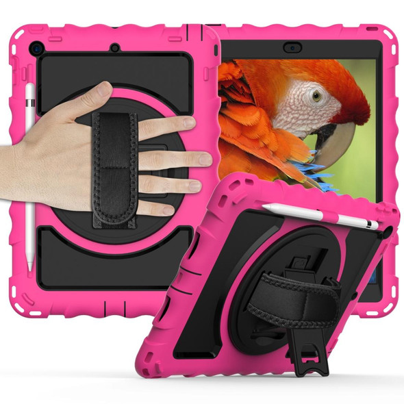 iPad 10.2 360 Degree Rotating Case with Pencil Holder, Kickstand Shockproof Heavy Duty with Shoulder Strap,Hand Strap(Hot Pink)