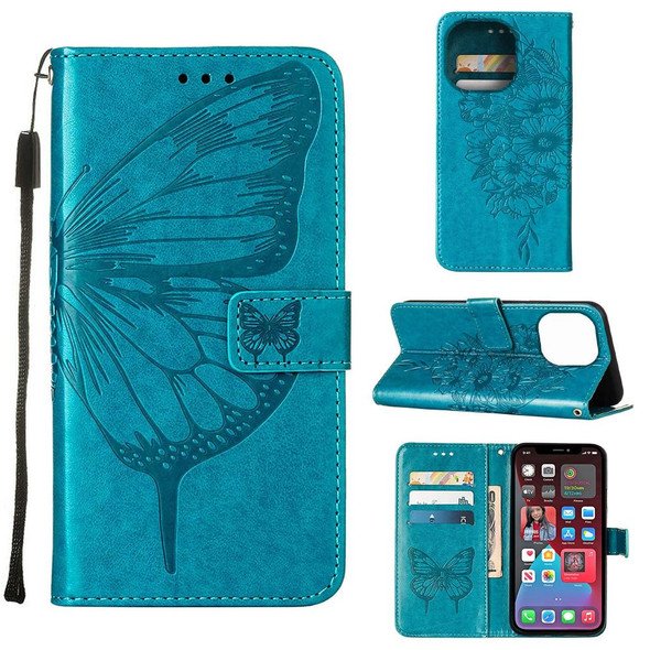 Embossed Butterfly Leatherette Phone Case - iPhone 14 Pro Max (Blue)