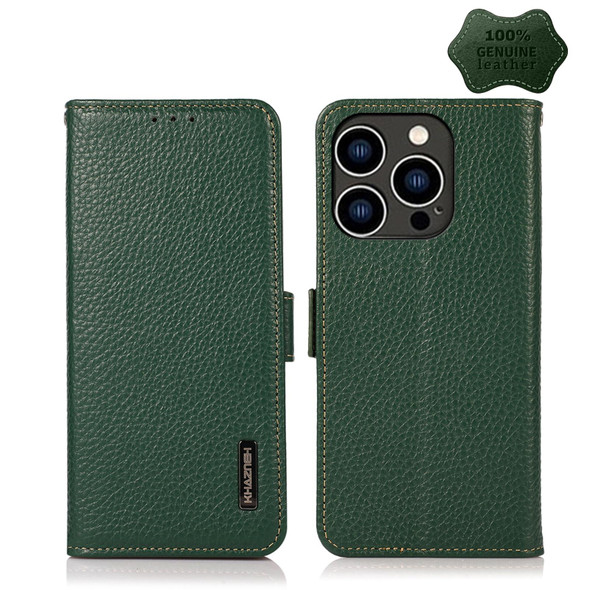 KHAZNEH Side-Magnetic Litchi Genuine Leather RFID Phone Case - iPhone 14 Pro (Green)