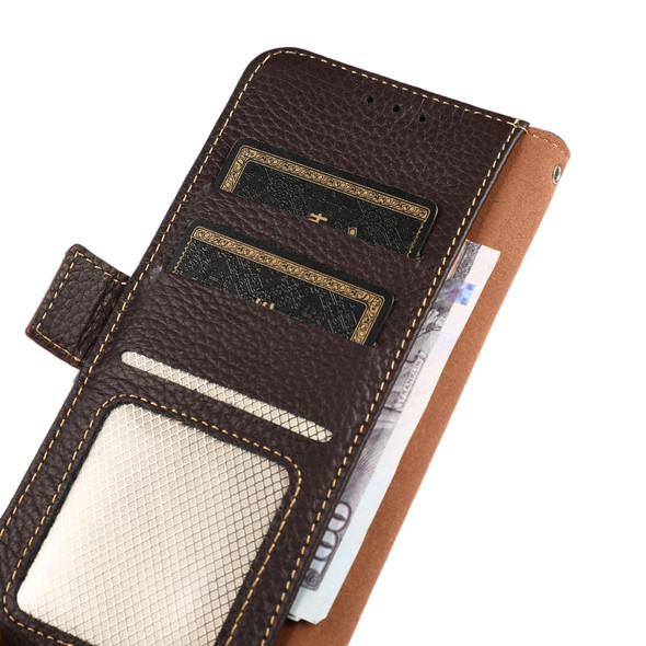 KHAZNEH Side-Magnetic Litchi Genuine Leather RFID Phone Case - iPhone 14 Pro (Brown)