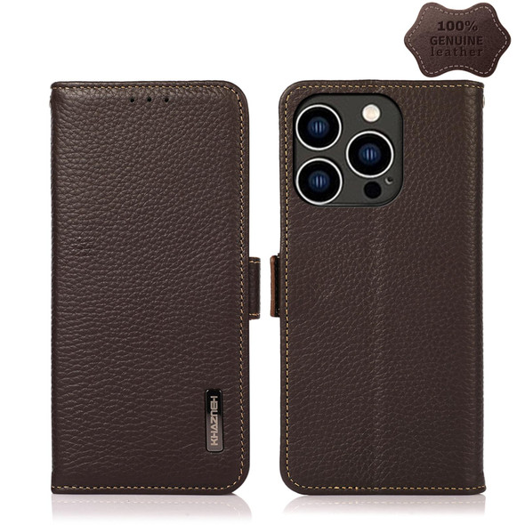 KHAZNEH Side-Magnetic Litchi Genuine Leather RFID Phone Case - iPhone 14 Pro (Brown)
