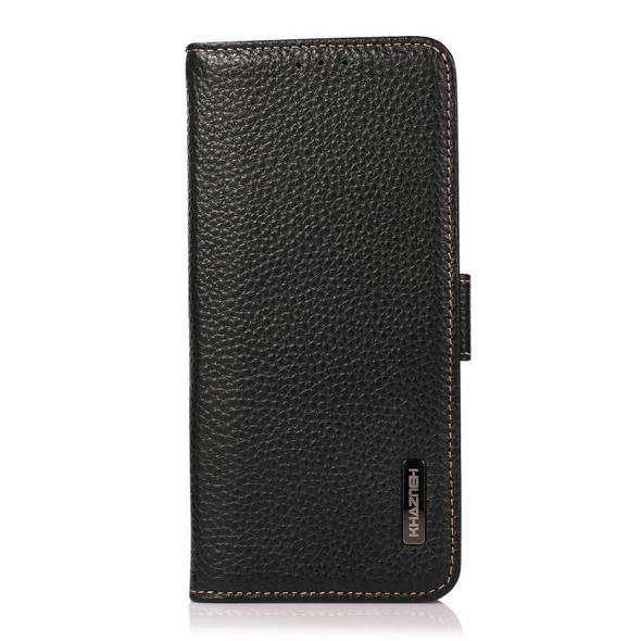 KHAZNEH Side-Magnetic Litchi Genuine Leather RFID Phone Case - iPhone 14 Pro Max (Black)