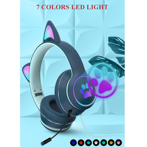 AKZ-022 USB + 3.5mm Port Cat Ear Design Foldable LED Headset with Mic(Light Blue)