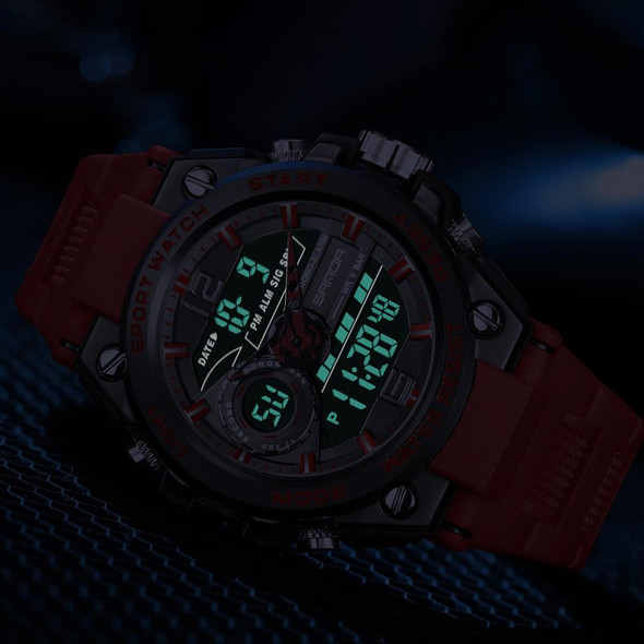 SANDA 6092 Luminous Dual Time Display Waterproof Sports Watch(Black Green)