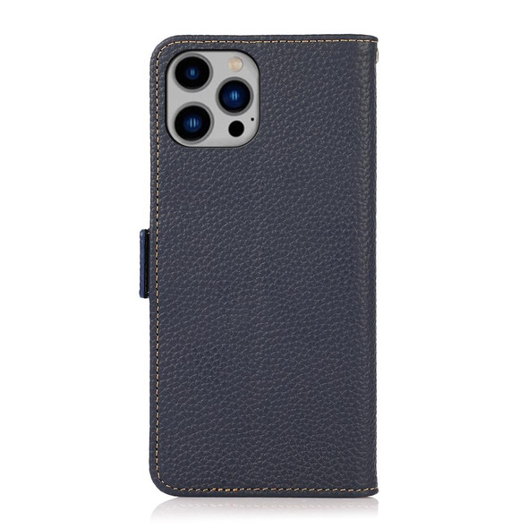 KHAZNEH Side-Magnetic Litchi Genuine Leather RFID Phone Case - iPhone 14 Max (Blue)