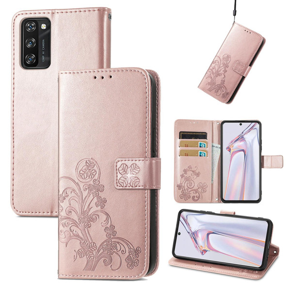Blackview A100 Four-leaf Clasp Embossed Buckle Mobile Phone Protection Leatherette Case with Lanyard & Card Slot & Wallet & Bracket Function(Rose Gold)