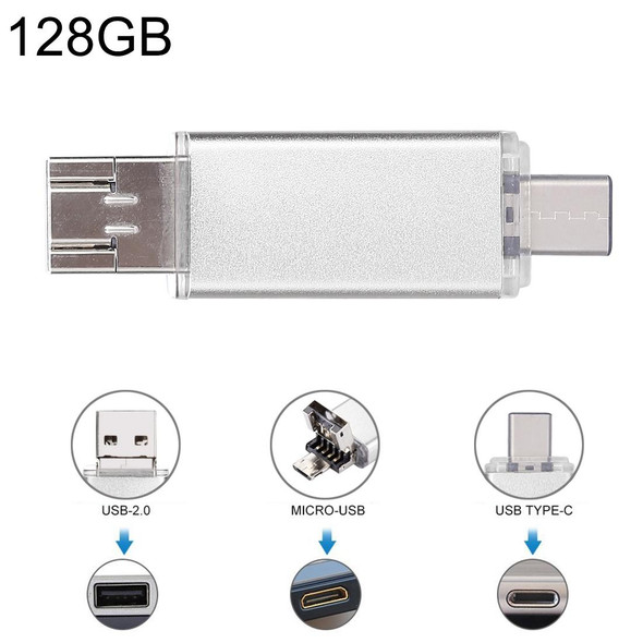 128GB 3 in 1 USB-C / Type-C + USB 2.0 + OTG Flash Disk, - Type-C Smartphones & PC Computer(Silver)