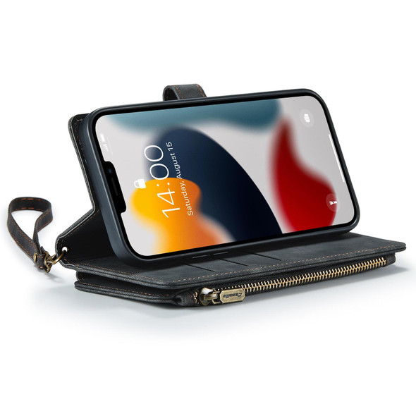 CaseMe-C30 PU + TPU Multifunctional Horizontal Flip Leatherette Case with Holder & Card Slot & Wallet & Zipper Pocket - iPhone 13 Pro(Black)