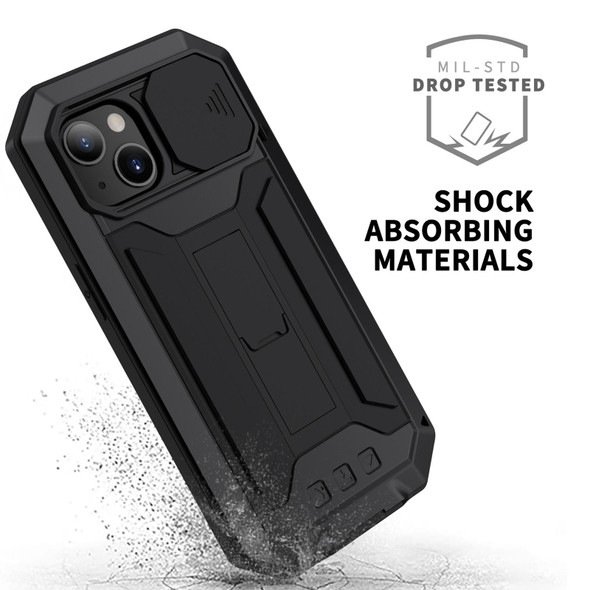 R-JUST Sliding Camera Shockproof Waterproof Dust-proof Metal + Silicone Protective Case with Holder - iPhone 13(Black)