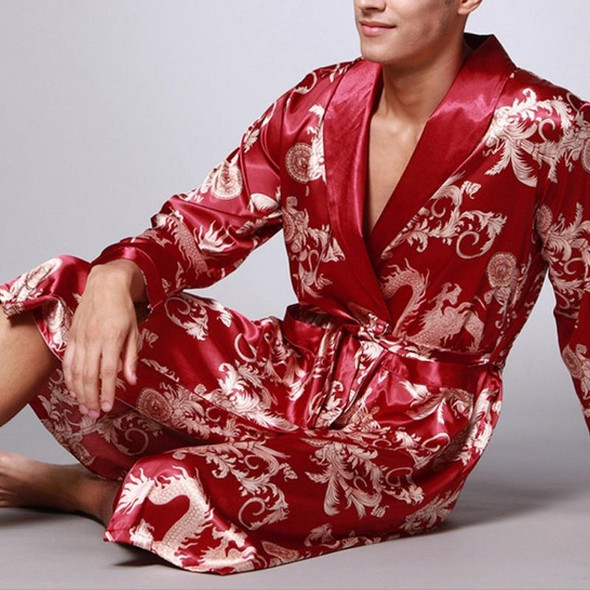 Men Long Paragraph Silk Pajamas(Color:Burgundy Size:XXL)