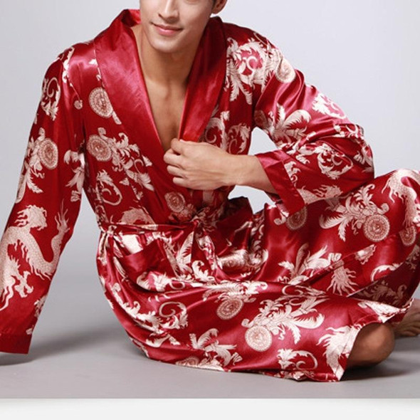 Men Long Paragraph Silk Pajamas(Color:Burgundy Size:L)
