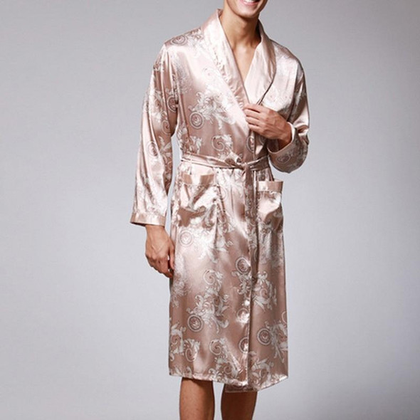 Men Long Paragraph Silk Pajamas(Color:Camel Size:L)