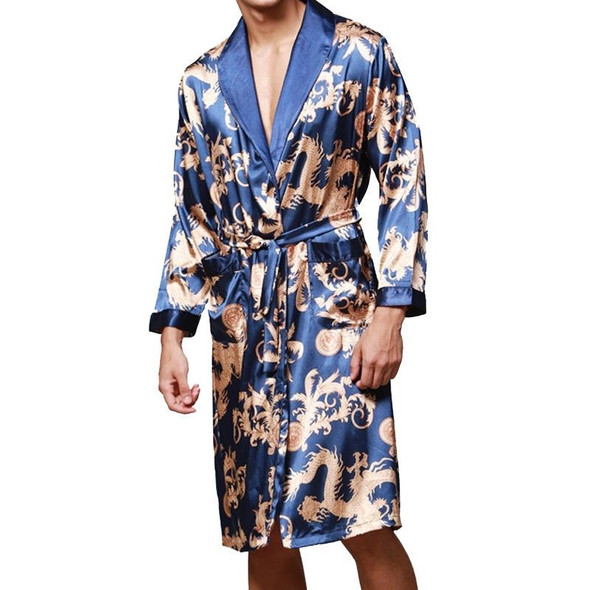 Men Long Paragraph Silk Pajamas(Color:Sapphire Size:XXL)