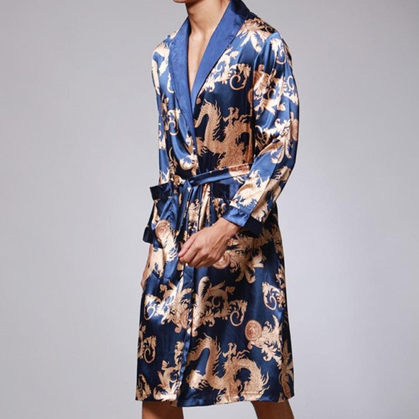 Men Long Paragraph Silk Pajamas(Color:Sapphire Size:XXL)