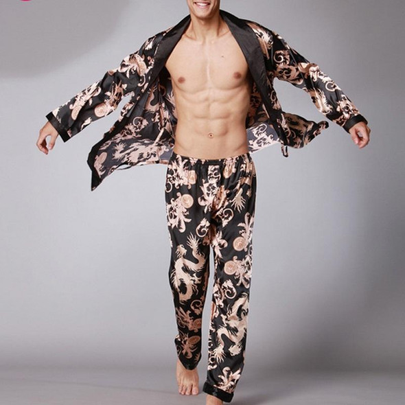 Men Long Paragraph Silk Pajamas(Color:Black Size:XXL)