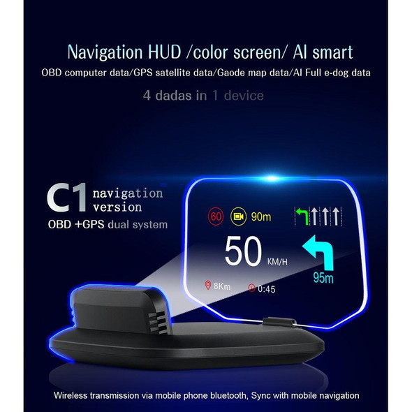 C1 OBD2 + GPS Mode Car HUD Head-up Display Compass / Speed / Water Temperature / Voltage Display / Speed / Fault Alarm / Navigation Function