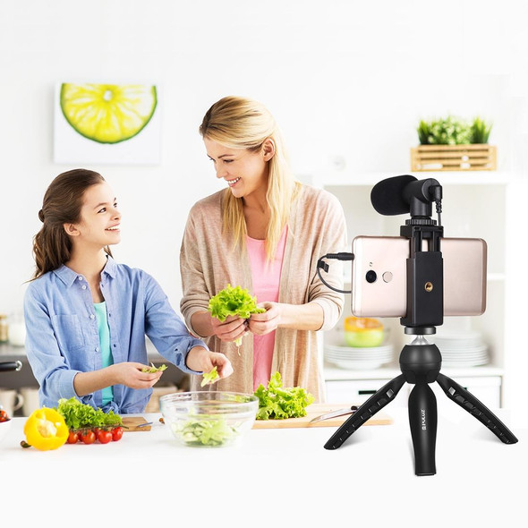 PULUZ Live Broadcast Smartphone Video Vlogger Kits Microphone + Tripod Mount + Phone Clamp Holder (Black)