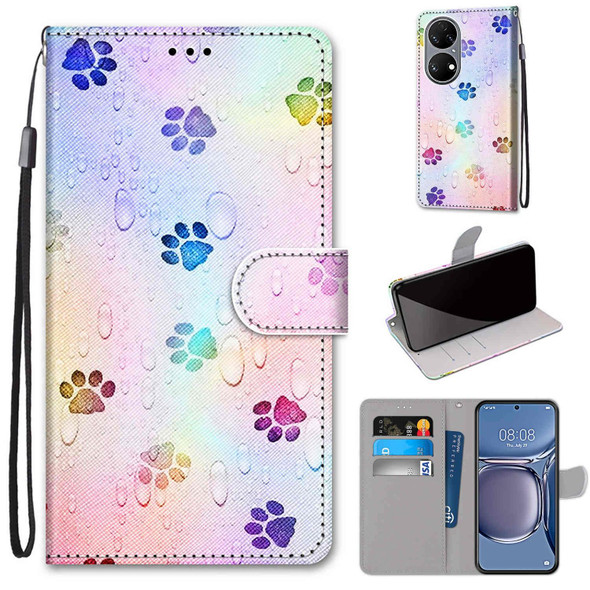 Huawei P50 Coloured Drawing Cross Texture Horizontal Flip PU Leather Case with Holder & Card Slots & Wallet & Lanyard(Footprint Water Drops)