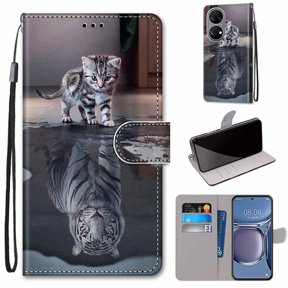 Huawei P50 Coloured Drawing Cross Texture Horizontal Flip PU Leather Case with Holder & Card Slots & Wallet & Lanyard(Cat Becomes Tiger)