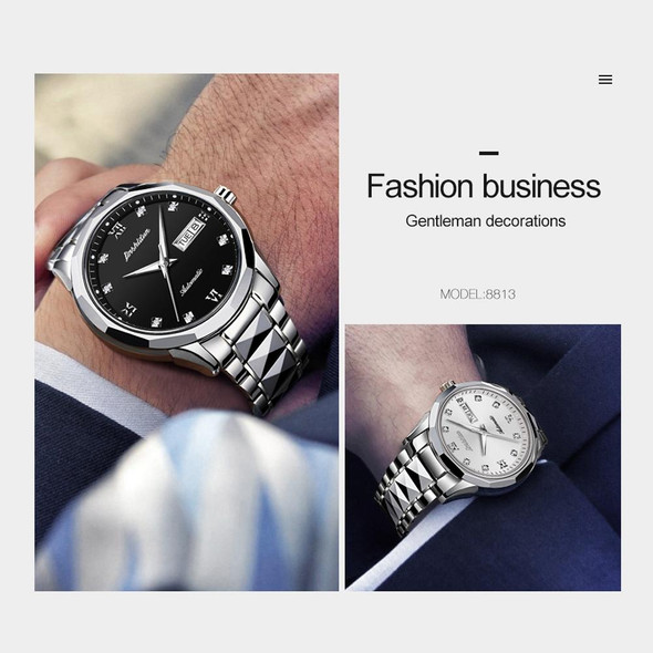 JIN SHI DUN 8813 Fashion Waterproof Luminous Automatic Mechanical Watch, Style:Men(Silver White)