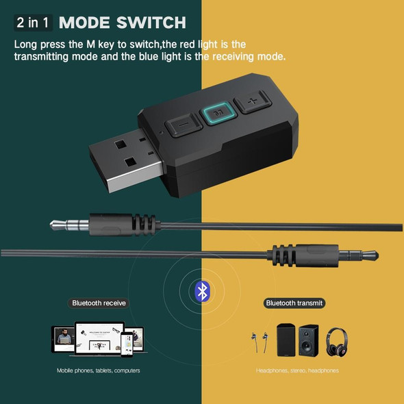 RT02 USB Bluetooth Audio Adapter Receives Transmits 2-in-1 Bluetooth 5.0 Hands-free Talk Car Bluetooth Receiver