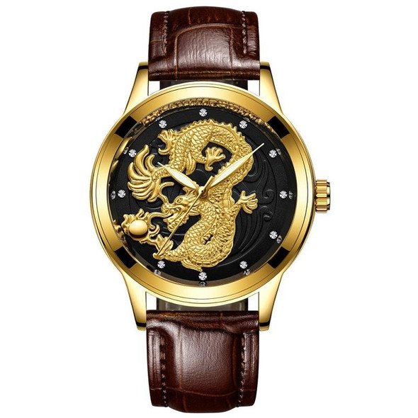 FNGEEN S666 Waterproof Luminous Watch Quartz Ultra-Thin Dragon Or Phoenix Pattern Couple Watch(Brown Leatherette Full Gold Black Surface)