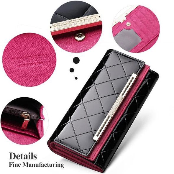 Cowhide Leatherette Wallet Luxury Design Ladies Party Clutch Patent Leatherette Purses Long Card Holder(Black)