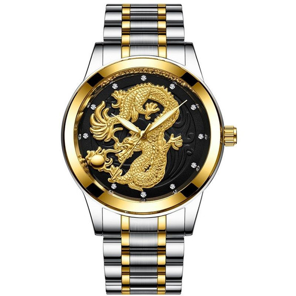 FNGEEN S666 Waterproof Luminous Watch Quartz Ultra-Thin Dragon Or Phoenix Pattern Couple Watch(Between Gold Black Surface)
