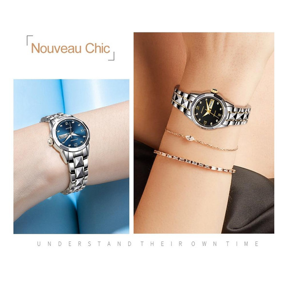 JIN SHI DUN 8813 Fashion Waterproof Luminous Automatic Mechanical Watch, Style:Women(Silver Gold Blue)
